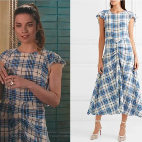 ASO Alexis Rose Schitts Creek Blue Plaid Ruched Paper London Dress - Picture 1 of 4